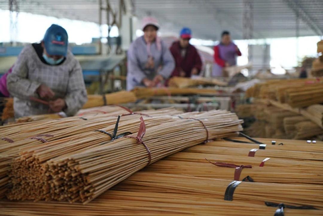 某家竹制品加工企业的工人正在打捆竹条